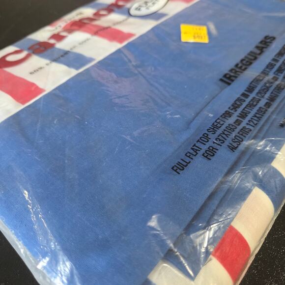 Vintage 70s Cannon No-Iron Red White Blue Full Flat Sheet Irregular USA - Picture 3 of 6